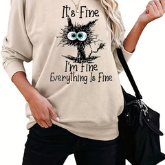 Cartoon Cat Sweatshirt Casual Crew Neck Women's Clothing
