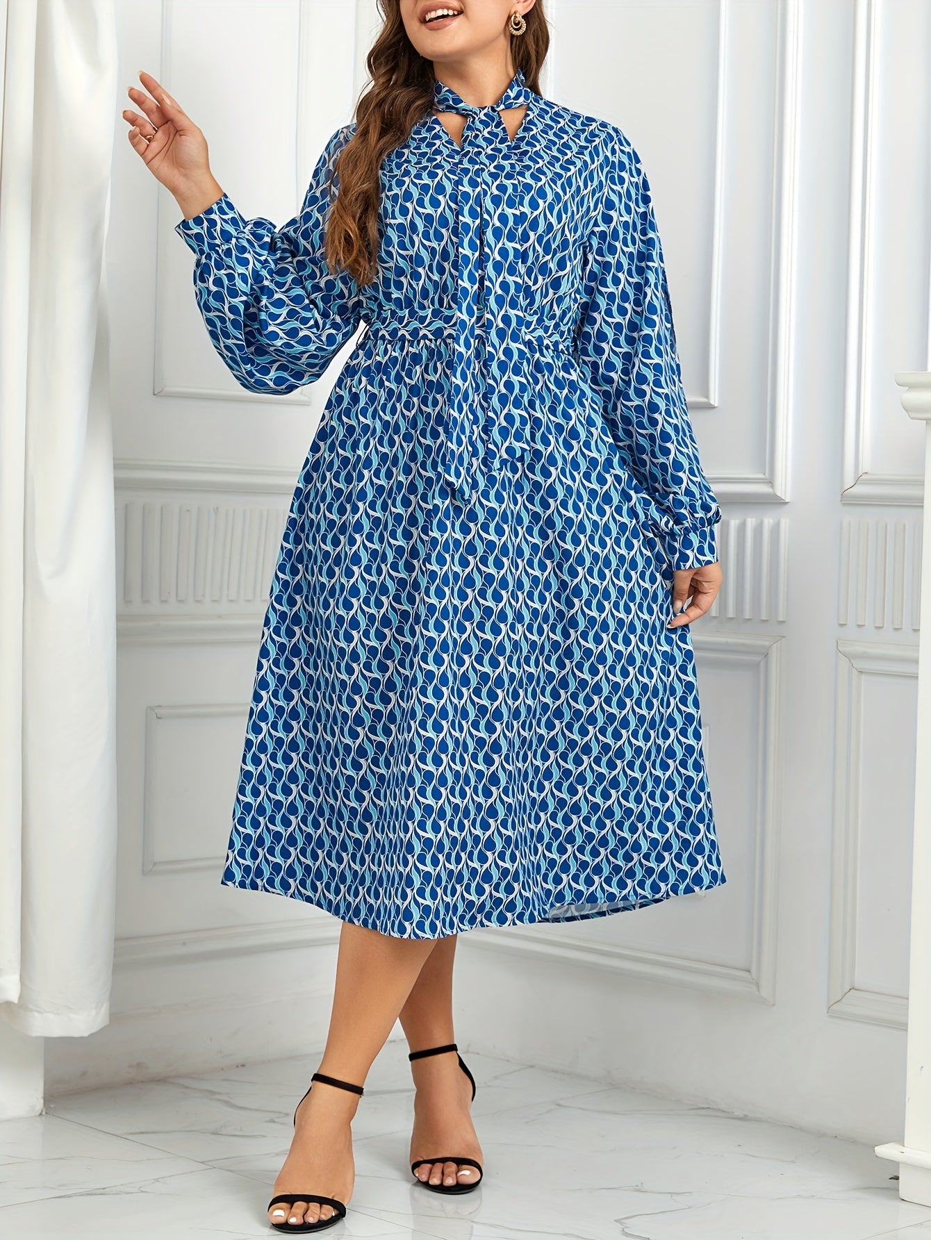 Dress Women's Plus Geometric Print Lantern Sleeve A line Maxi Dress