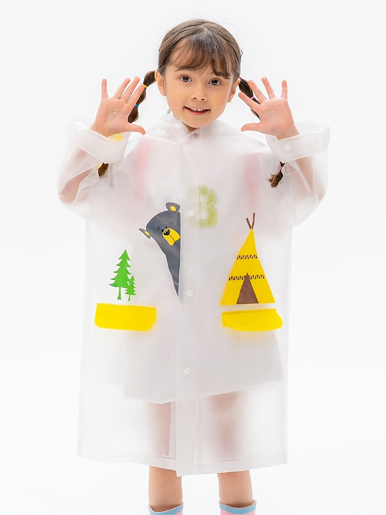 Kid's Hooded Raincoat Button Down Rain Poncho Jacket Animal Pattern Rainsuit