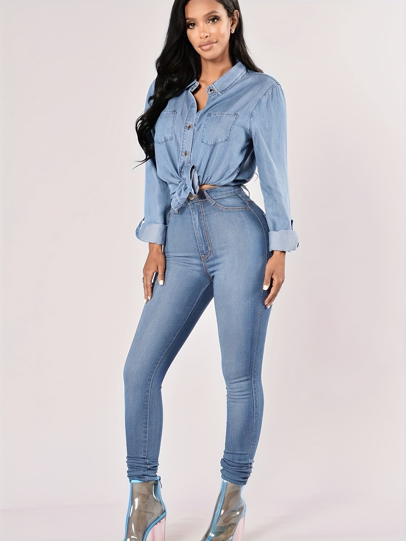 High Rise Skinny Jeans Slash Pocket Denim Pants