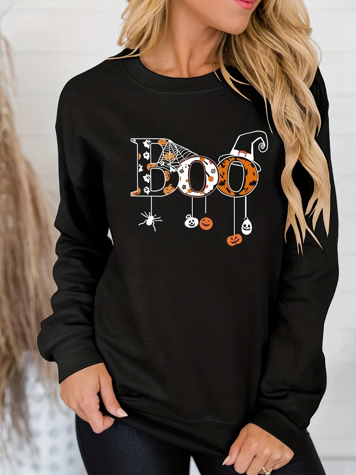 Halloween Print Sweatshirt Crew Neck Casual Long Sleeve Women's Clothing