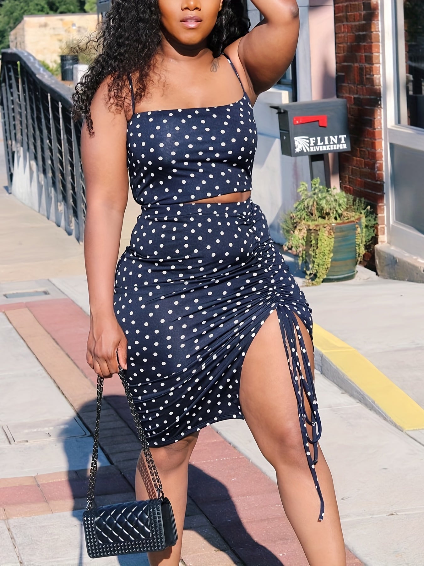 Polka Dot Two piece Skirt Set Crop Cami Top & Drawstring Skirt