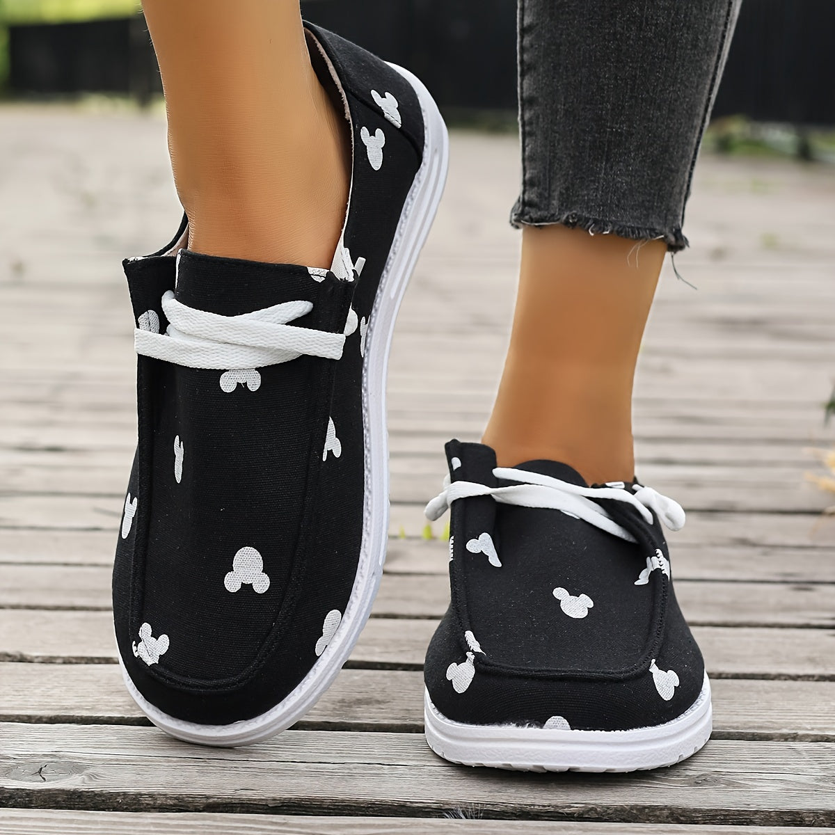 Cartoon Print Lace Up Boat Shoes Low Top Slip On Lightweight Canvas Shoes