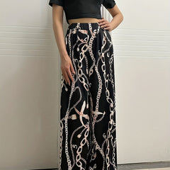 Summer Two Piece Set Short Sleeve Crop Tee & Chain Print Wide Leg Pants