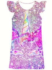 Girl's 3D Pony Princess Dress Butterfly Sleeve Crew Neck