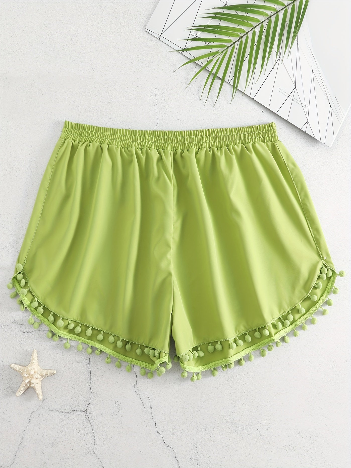 Boho Shorts Pompom Trim Elastic Stretch Shorts