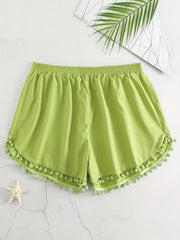 Boho Shorts Pompom Trim Elastic Stretch Shorts