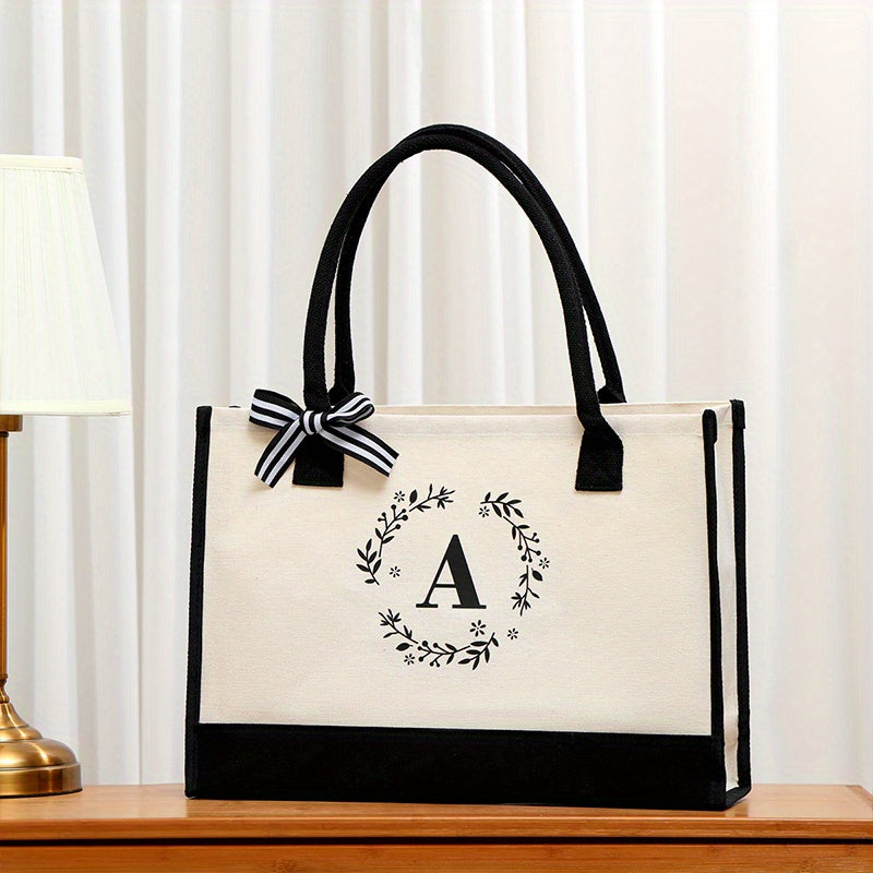 Letter Plant Print Tote Bag Large Capacity Shopping Bag