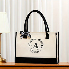Letter Plant Print Tote Bag Large Capacity Shopping Bag