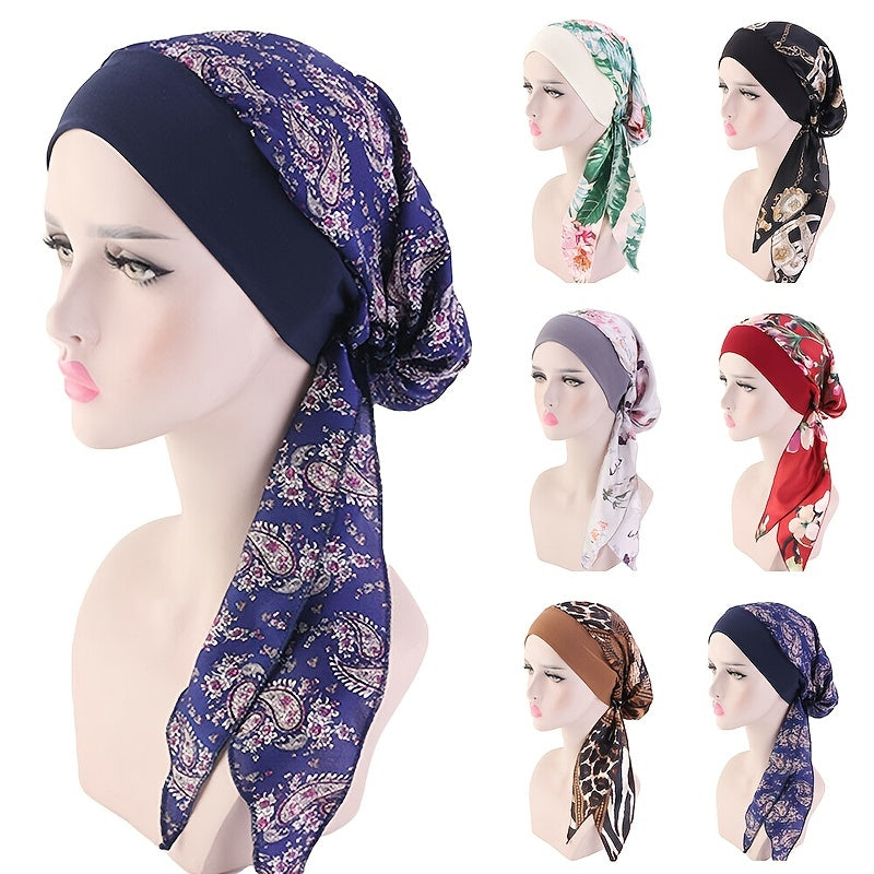 Women Flower Print Turban Cap Hair Wrap Head Scarf Pre Tied Headwear