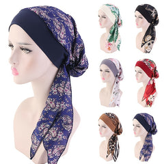 Women Flower Print Turban Cap Hair Wrap Head Scarf Pre Tied Headwear