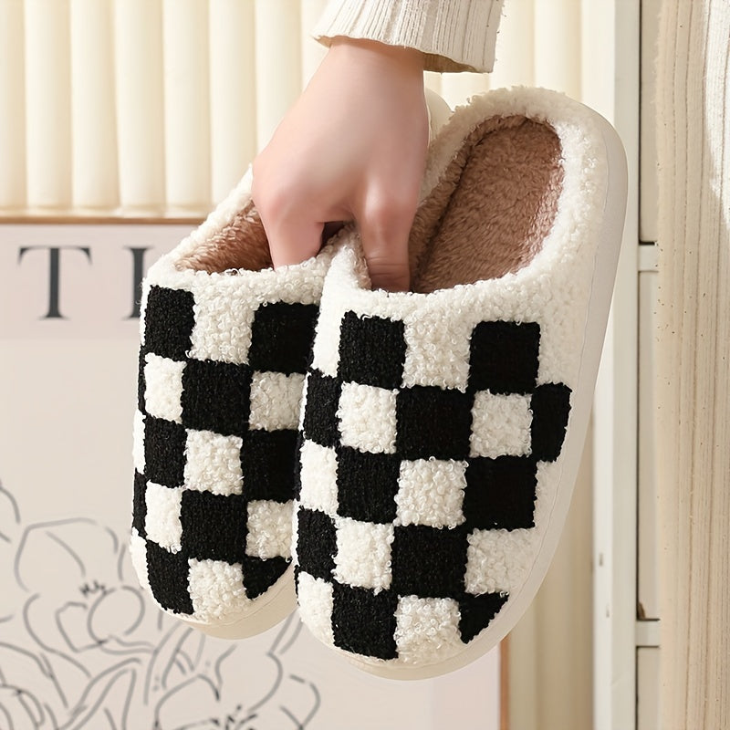 Checkered Plush Flat Slippers Warm & Cozy Indoor Shoes