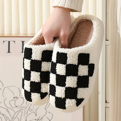Checkered Plush Flat Slippers Warm & Cozy Indoor Shoes