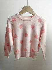 Girls Casual Heart Print Knit Sweater Top For Autumn And Winter Kids Clothes
