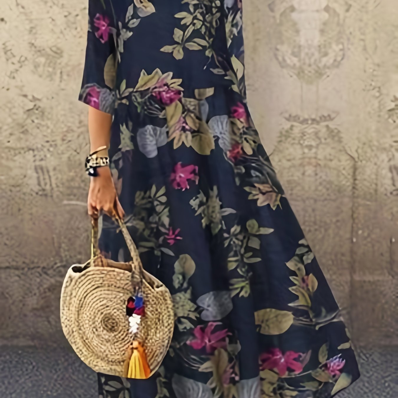 Women's Plus Floral Print Half Sleeve Round Neck Maxi Dress