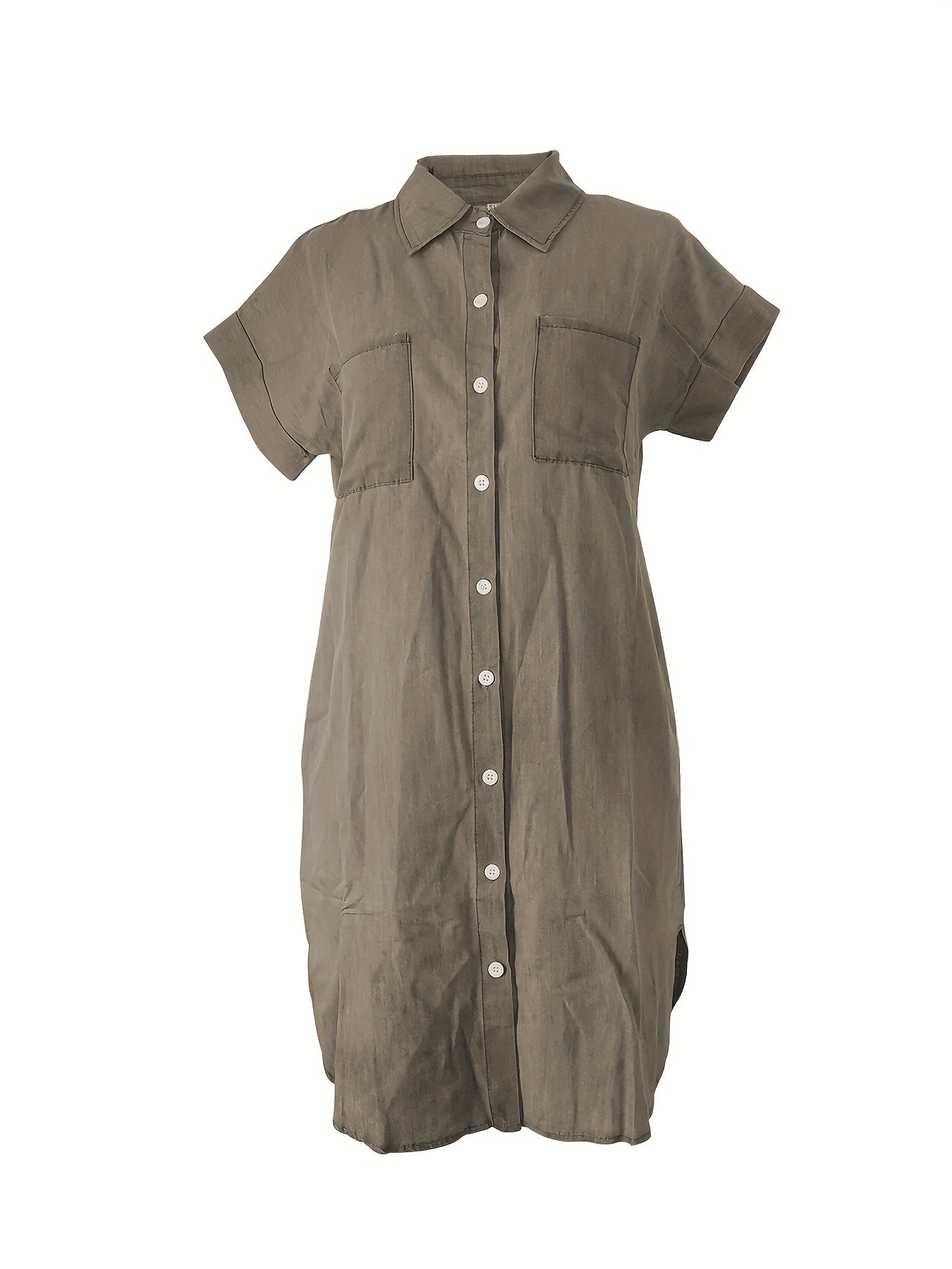 Solid Lapel Denim Dress Short Sleeves Single Breasted Button Denim Dress
