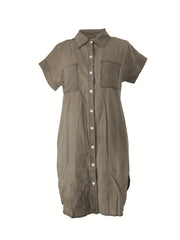Solid Lapel Denim Dress Short Sleeves Single Breasted Button Denim Dress