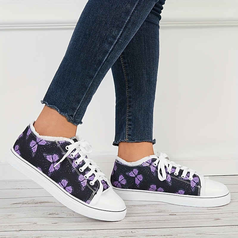 Purple Butterfly Print Lace Up Canvas Sneakers Low Cut Flat Board Shoes