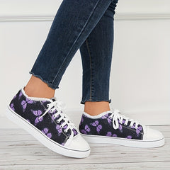 Purple Butterfly Print Lace Up Canvas Sneakers Low Cut Flat Board Shoes
