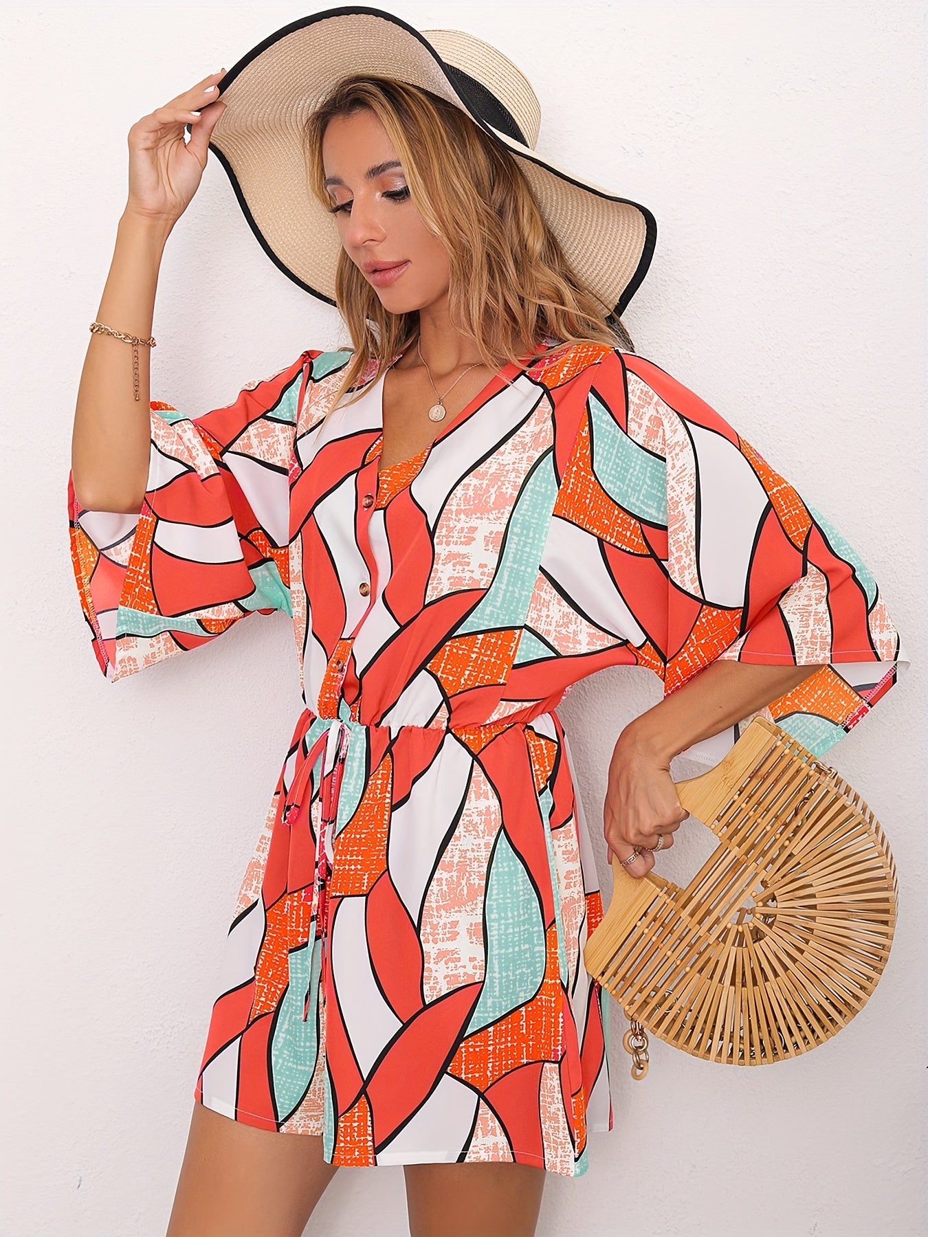 Boho 3/4 Sleeve Romper Jumpsuit with Drawstring - Summer Women's Clothing