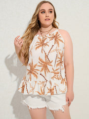 Coconut Tree Print Ruffle Trim Tank Top Plus Size