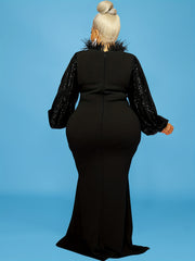 Contrast Sequin Fuzzy Decor Neck Long Sleeve Mermaid Dress