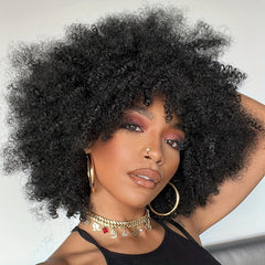 Short Afro Kinky Curly Wig With Bangs Brazilian Virgin Human Hair Wigs For Women