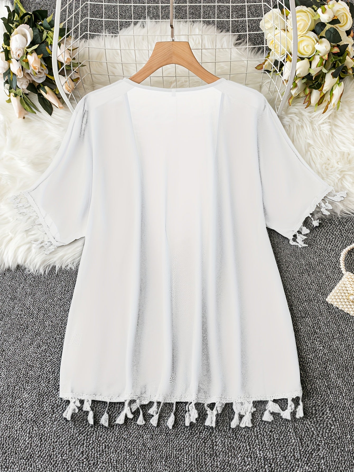 Casual Kimono Solid Short Sleeve Open Front Tassel Trim L