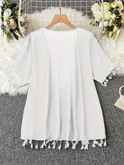 Casual Kimono Solid Short Sleeve Open Front Tassel Trim L