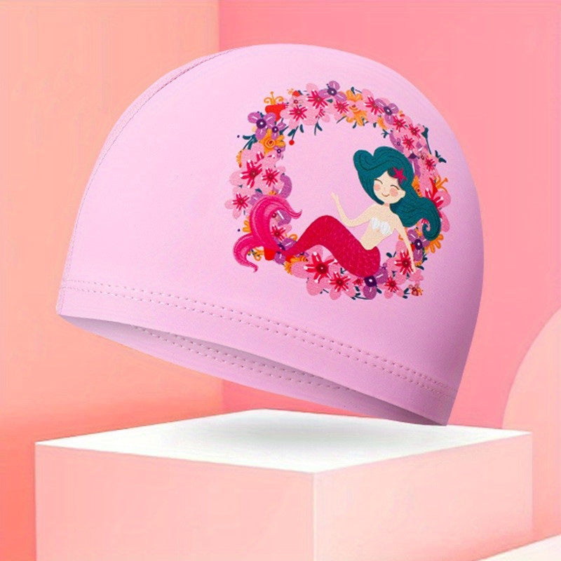 Kids PU Waterproof Swim Cap, Cartoon Pattern Ear Protection, High Elasticity