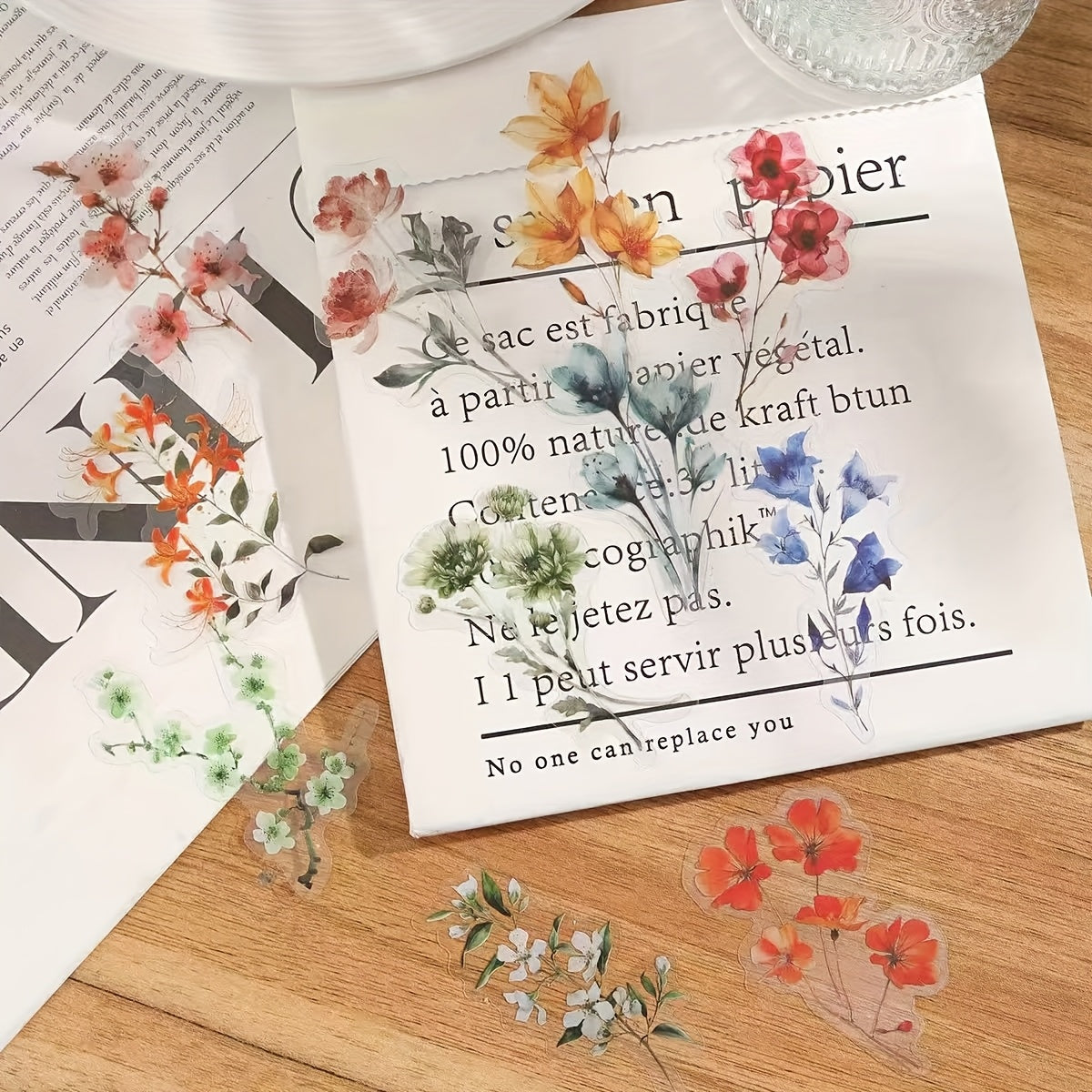 50pcs Floral Stickers Waterproof Transparent PET for DIY Journals Fridge