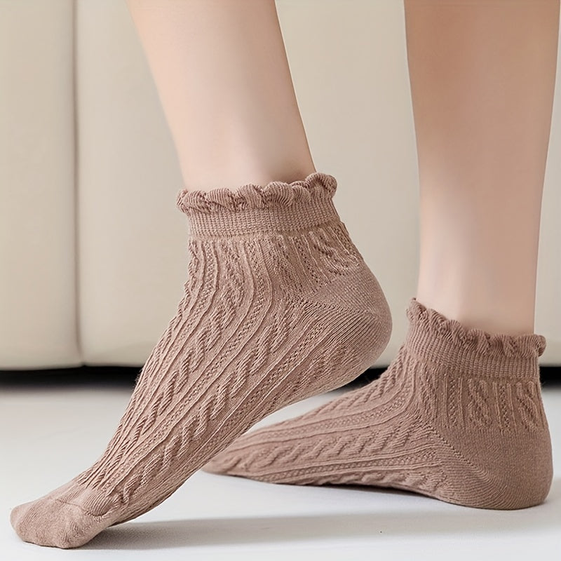 6 Pairs College Style Ruffle Trim Short Socks Women's Stockings