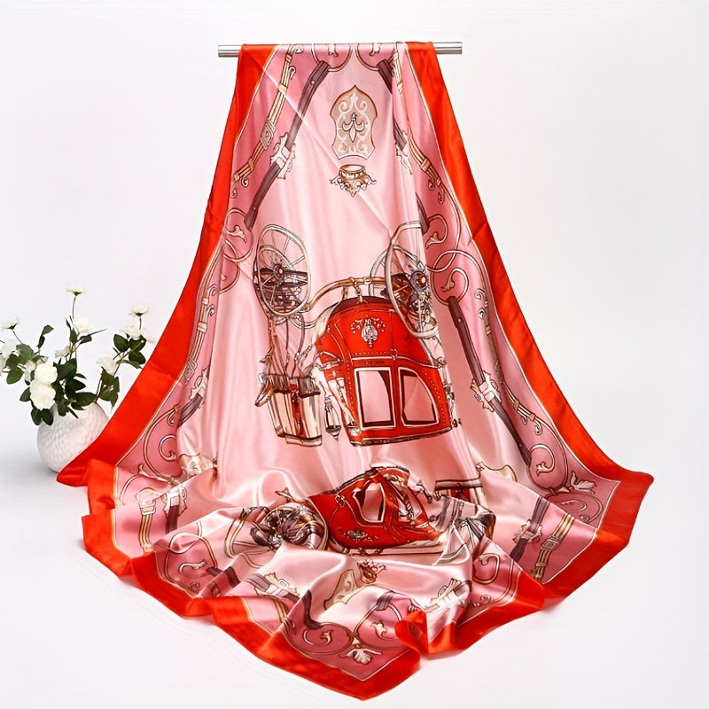 Vintage Carriage Print Square Scarf Satin Shawl for Women