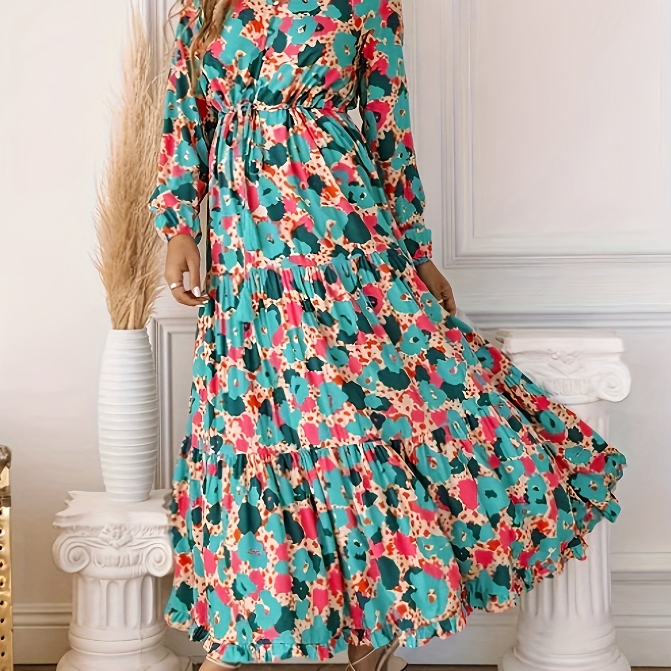 Plus Floral Print Long Sleeve V Neck Smock Dress