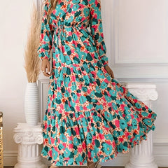 Plus Floral Print Long Sleeve V Neck Smock Dress