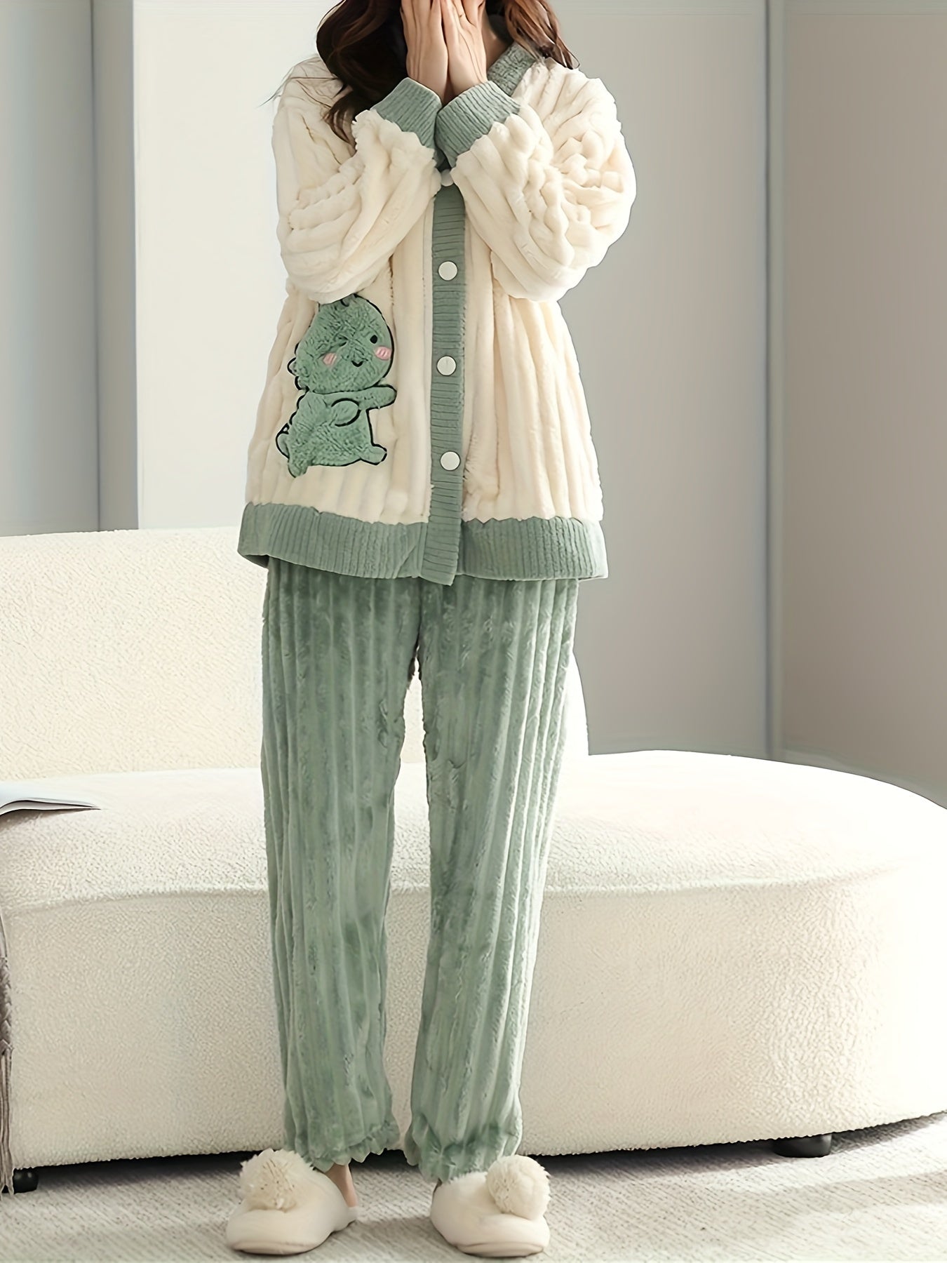 Cartoon Print Plush Pajamas Soft & Warm Women's Sleepwear