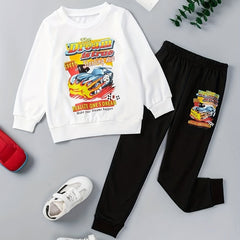 Boy's Car Pattern Outfit 2pcs Sweatshirt & Sweatpants Set Spring Fall