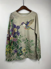 Floral & Bird Print Crew Neck Sweatshirt Women's Casual Long Sleeve Sweatshirt