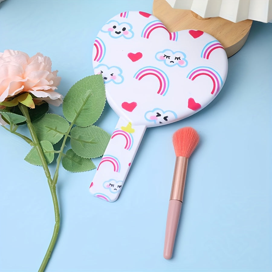 Rainbow Cloud Heart Pattern Hand Mirror Cosmetic Touch up Mirror