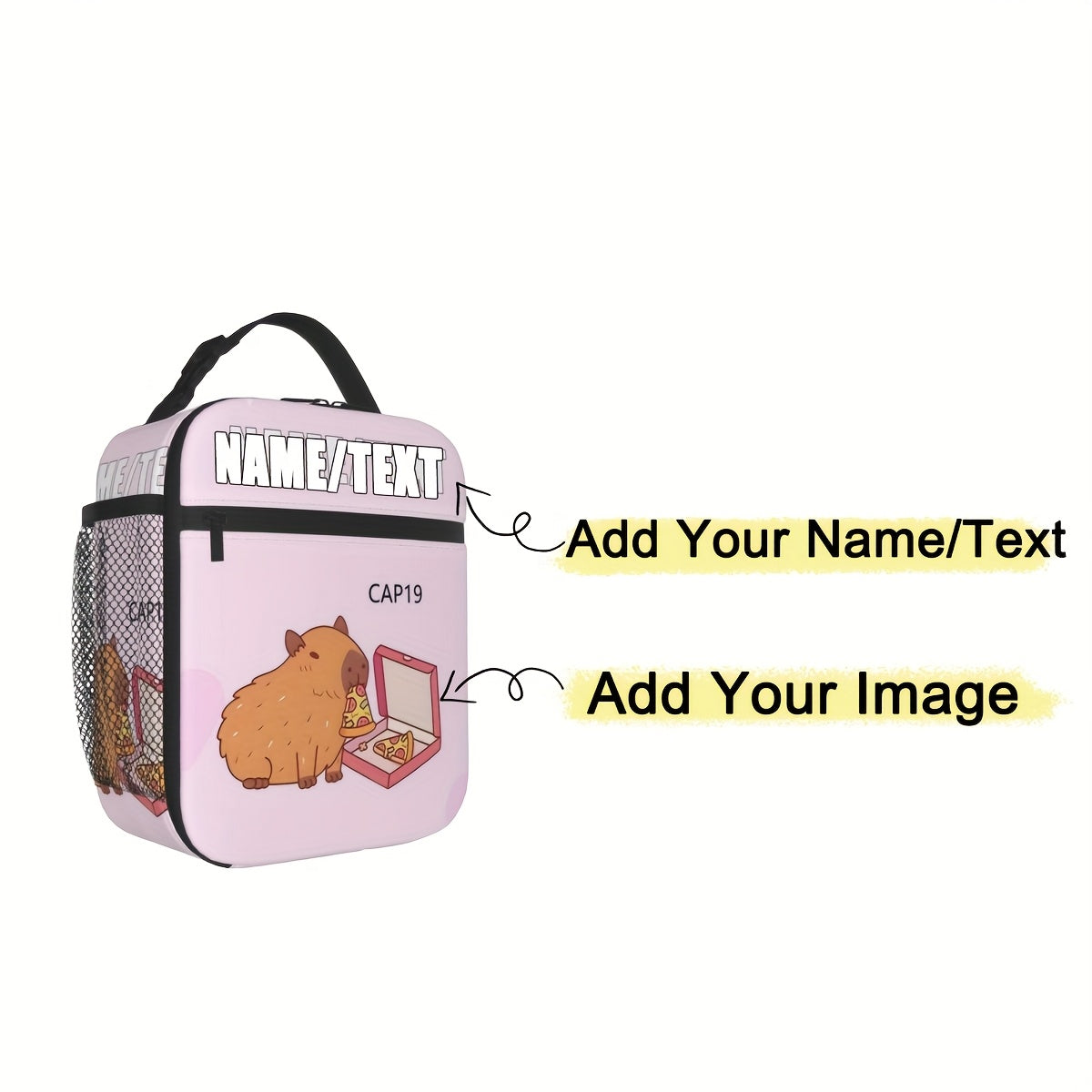 Personalized Capybara & Pizza Lunch Bag with Custom Text