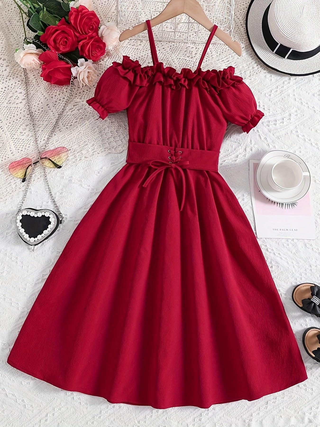 Girls Casual Solid Princess Pleated Dress Cold Shoulder Short Sleeves