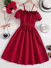 Girls Casual Solid Princess Pleated Dress Cold Shoulder Short Sleeves