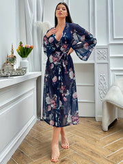 Floral Print Mesh Night Robe Long Sleeve V Neck Robe With Belt