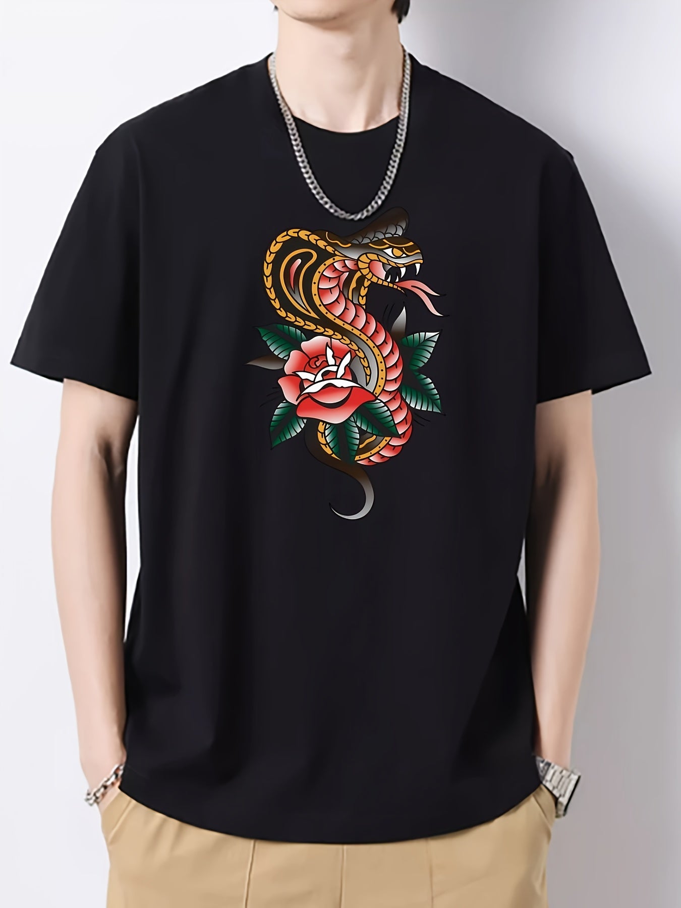 Men's Dragon Flower Pattern Vintage T-Shirt