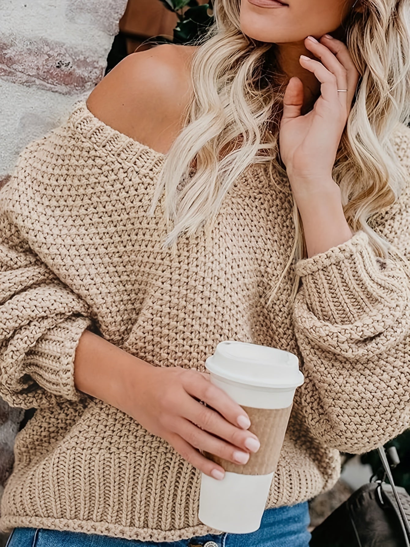 Casual Sweater Solid Bat Sleeve V Neck Stretch Jumper