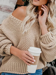 Casual Sweater Solid Bat Sleeve V Neck Stretch Jumper