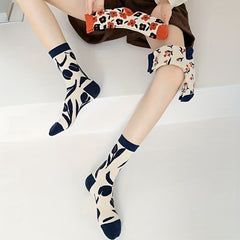 3 Pairs Floral Print Socks Breathable Mid Tube Stockings