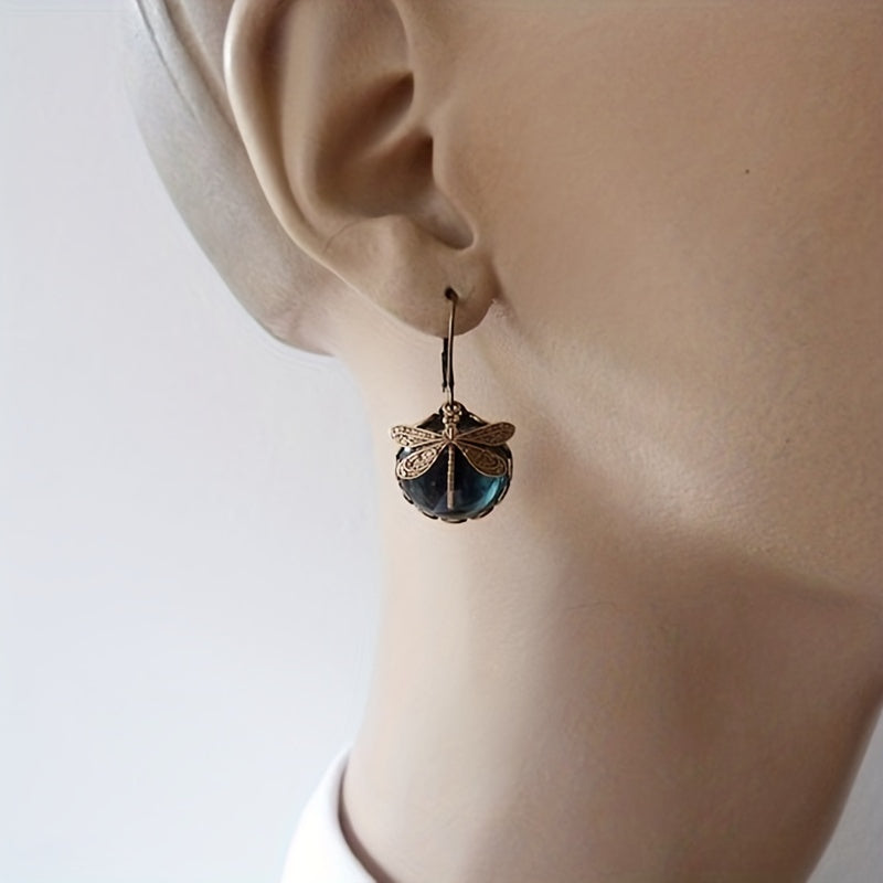 Retro Dragonfly Green Pendant Earrings Bohemian Style Jewelry