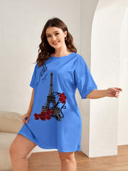 Floral & Tower Print Short Sleeve Round Neck Tee Sleep Dress