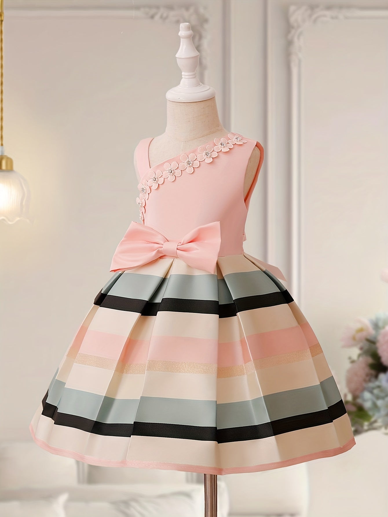 Toddler Girls One Shoulder Flowers Bow Stripe Princess Dress Gown